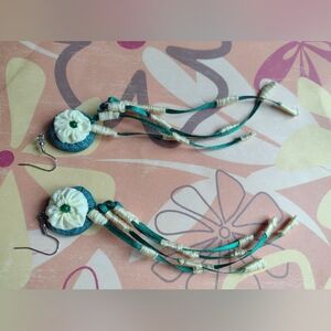 Floral Dangle Earrings with Green and Cream Accents